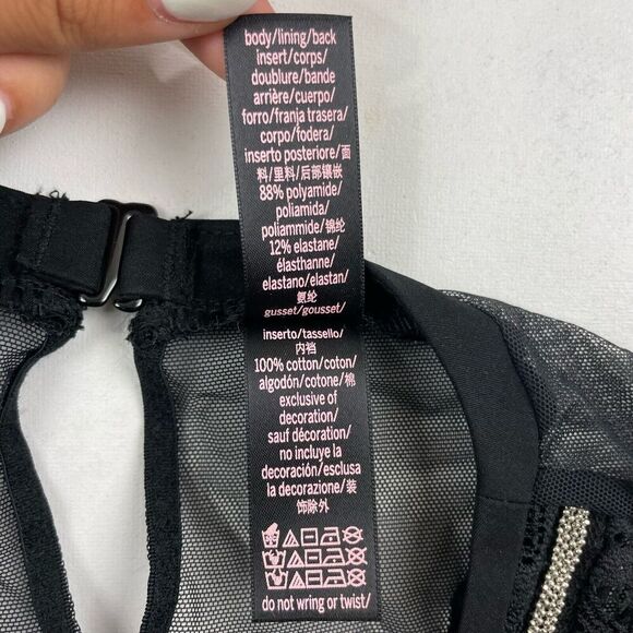 Victorias Secret Black Lace Sheer Thong Bodysuit Shoulder Pads XS Beaded Accents - Picture 3 of 5